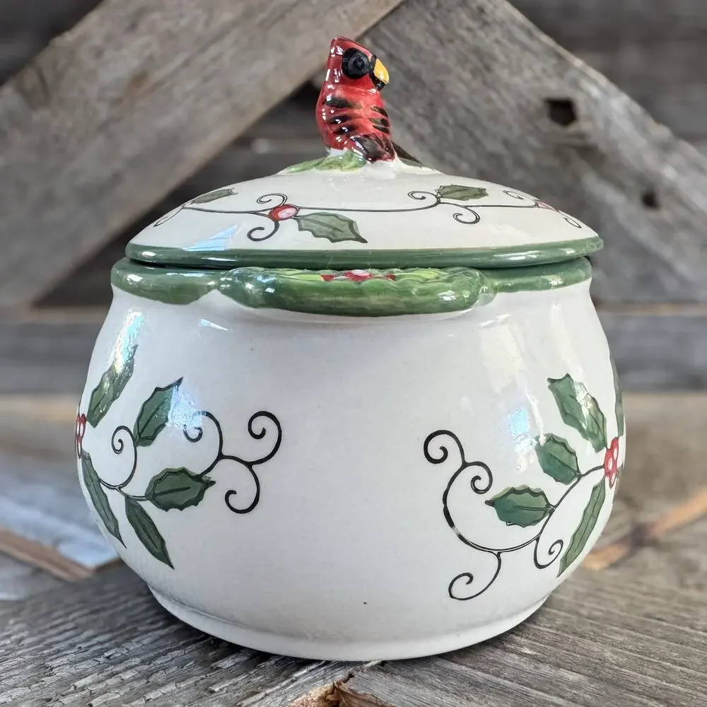 Cardinal & Holly by Temp-Tations by Tara, Ceramic Covered Soup Bowl, 18oz, Disc.